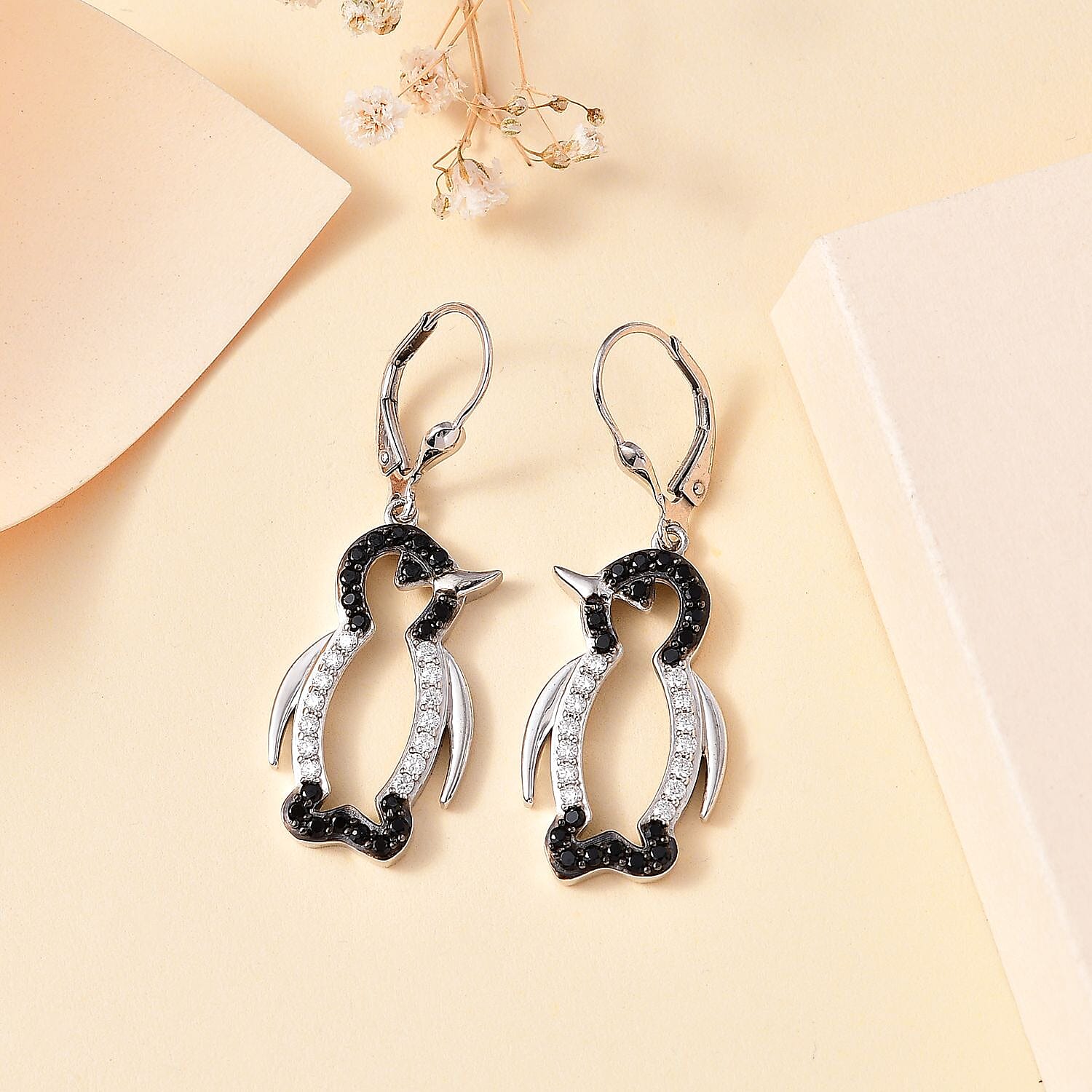 Black Spinel, Moissanite Penguin Earrings in Rhodium Overlay Sterling Silver 7830019 2