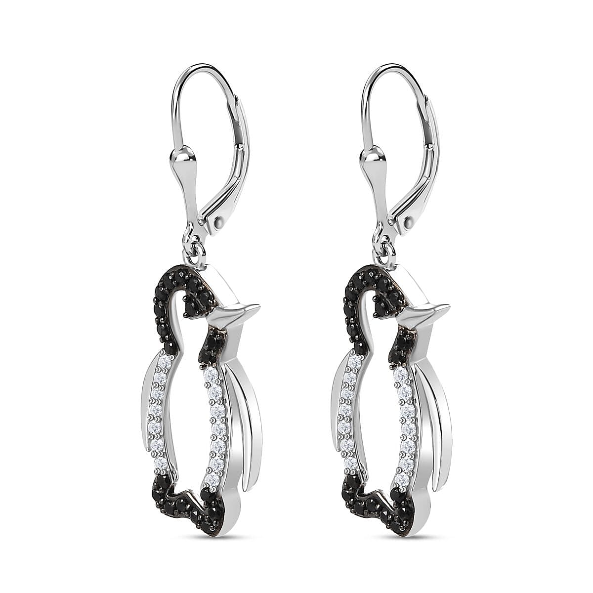 Black Spinel, Moissanite Penguin Earrings in Rhodium Overlay Sterling Silver 7830019 3