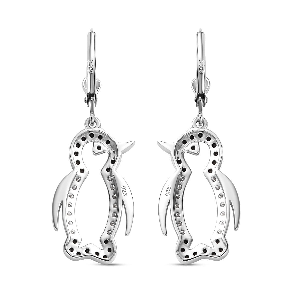 Black Spinel, Moissanite Penguin Earrings in Rhodium Overlay Sterling Silver 7830019 5