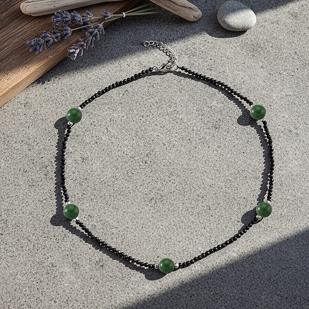 Green Jadeite and Natural Black Spinel Beads Necklace (Size - 18+2 Inch Ext) 60.00 Ct. V32532980 2