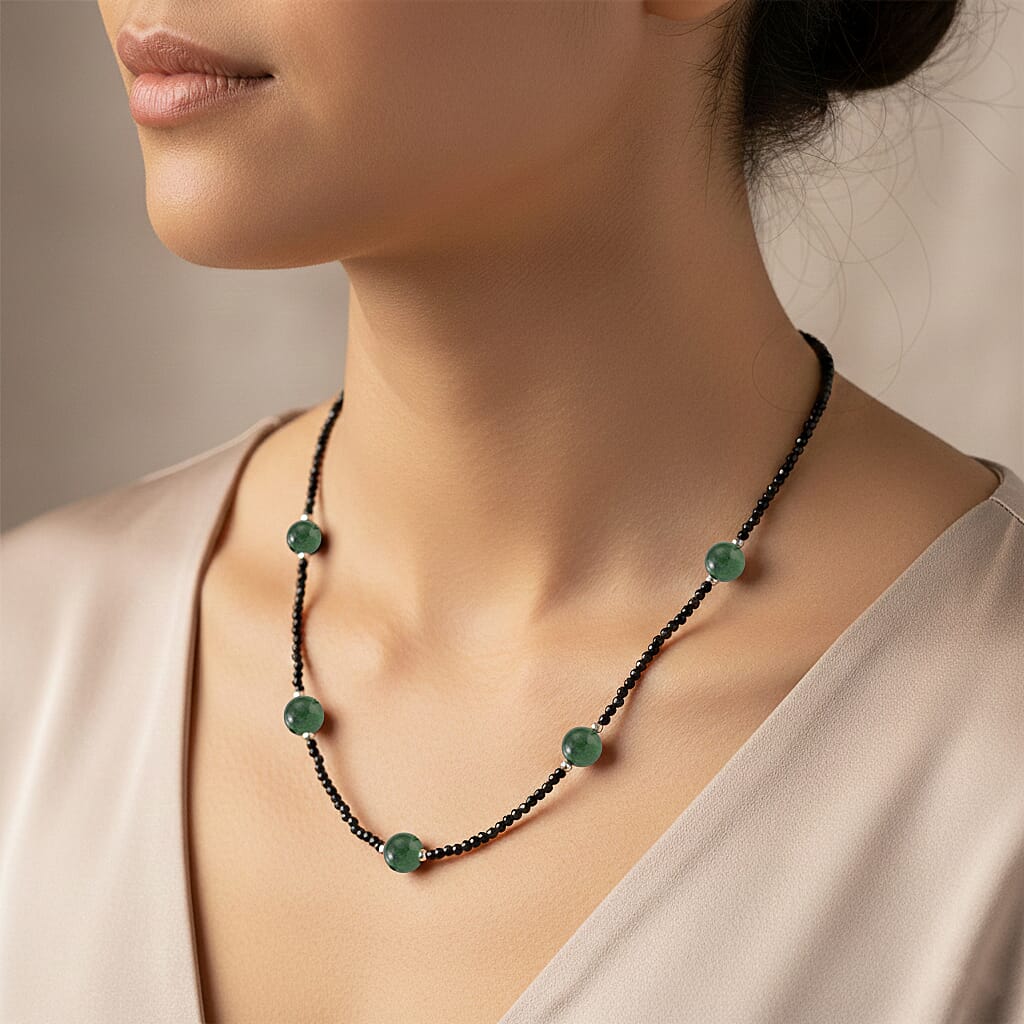 Green Jadeite and Natural Black Spinel Beads Necklace (Size - 18-2 Inch Ext) 60.00 Ct.