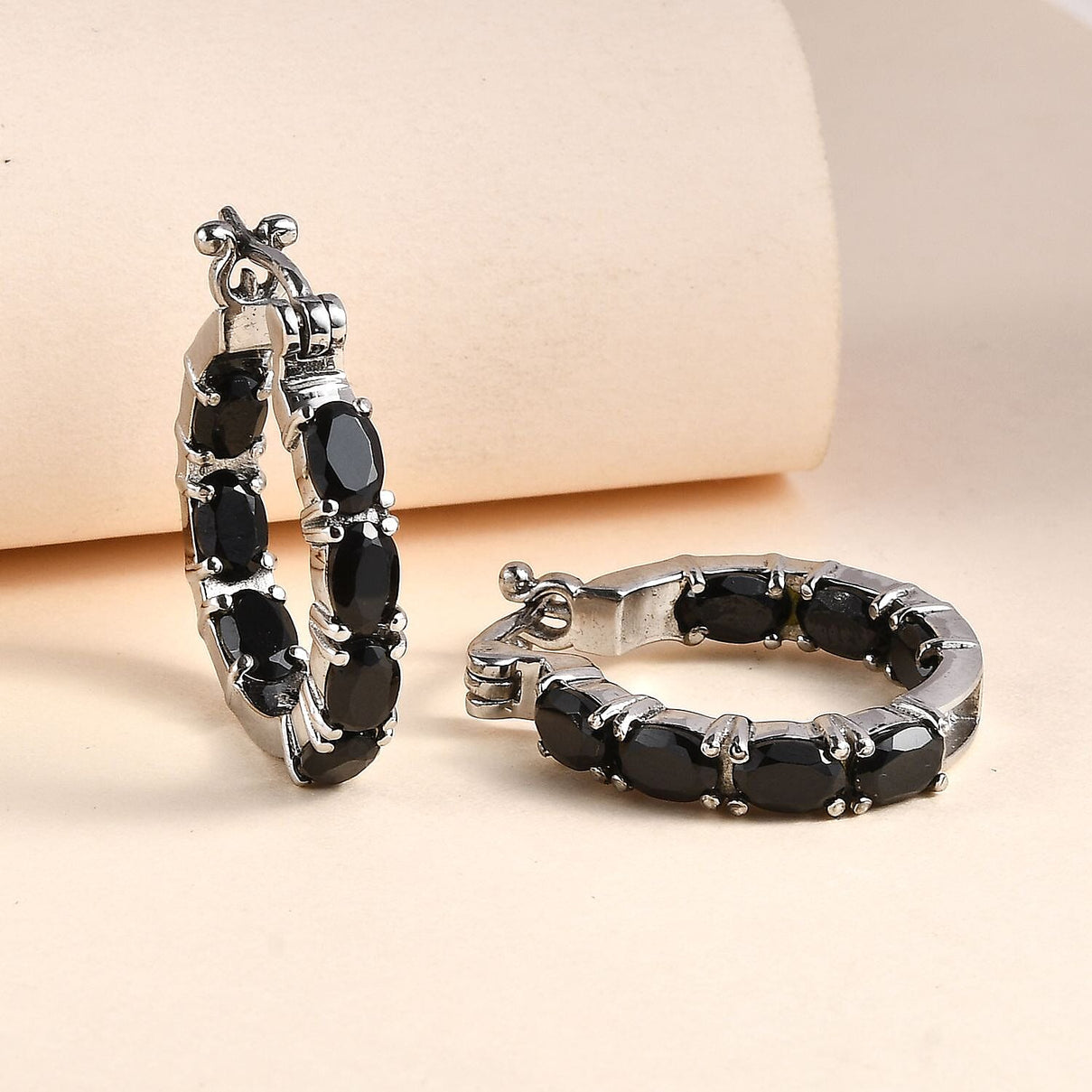 Black Spinel Inside Out Hoop Earrings in Stainless Steel 7643075 2