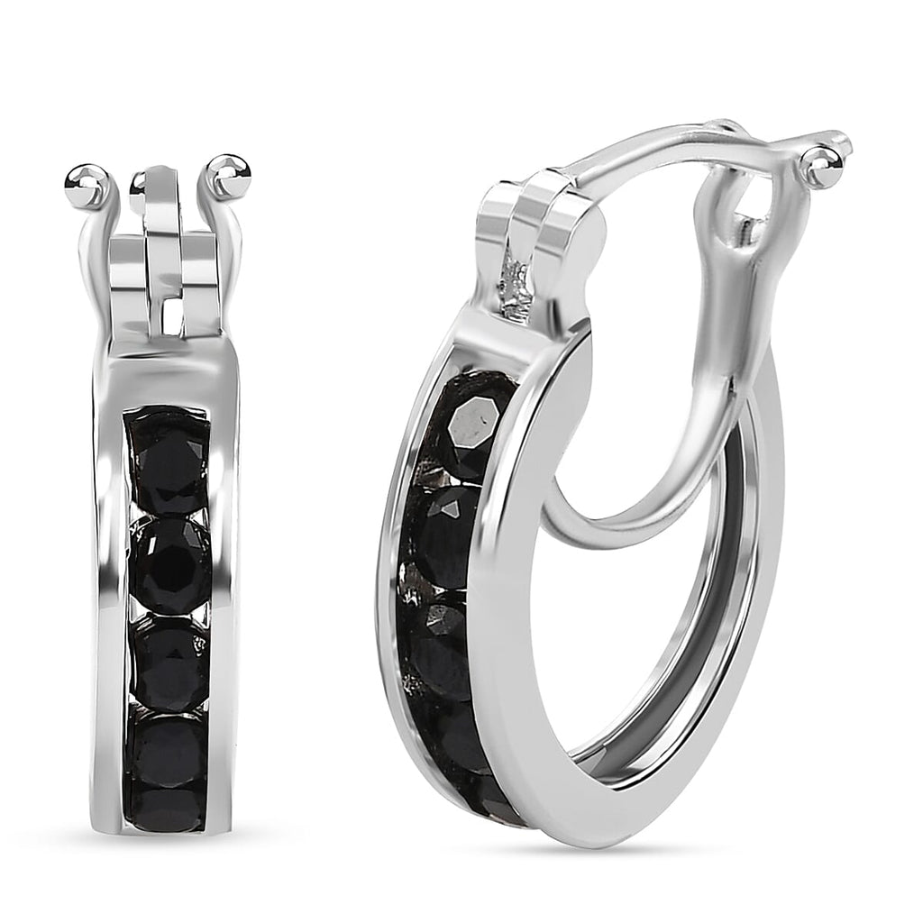 Boi Ploi Black Spinel Hoop Earrings with Clasp in Platinum Overlay Sterling Silver 0.95 Ct.