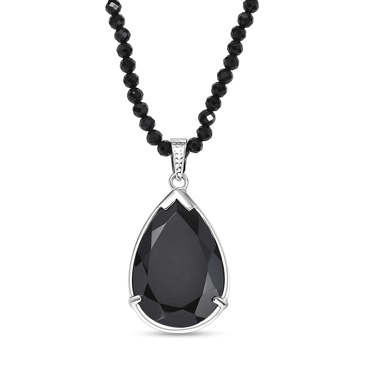 D'Joy Natural Thai Black Spinel Pendant with Beads Chain (Size 20) in Platinum Overlay Sterling Silver 96.35 Ct, Silver Wt. 9.25 Gms. 4427334 0
