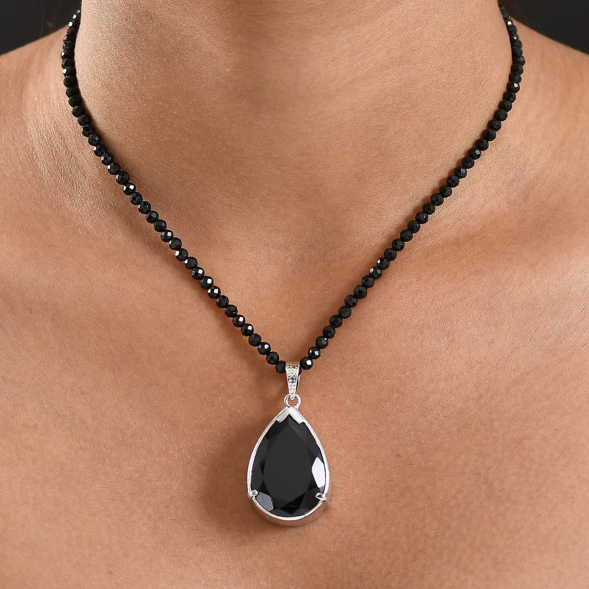 D'Joy Natural Thai Black Spinel Pendant with Beads Chain (Size 20) in Platinum Overlay Sterling Silver 96.35 Ct, Silver Wt. 9.25 Gms. 4427334 2