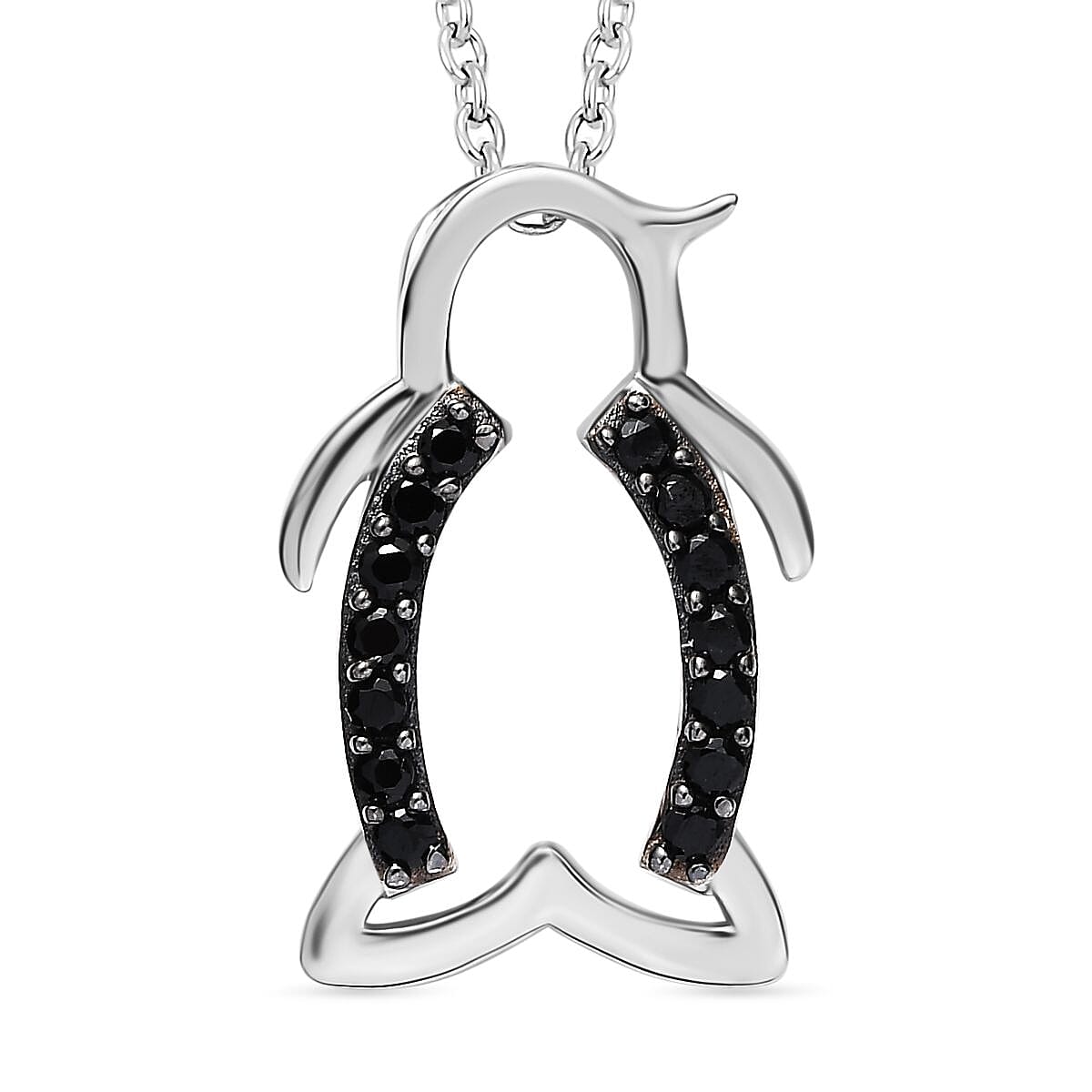 Black Spinel Penguin Pendant with Chain (Size 20) in Rhodium Overlay Sterling Silver 4290951 0