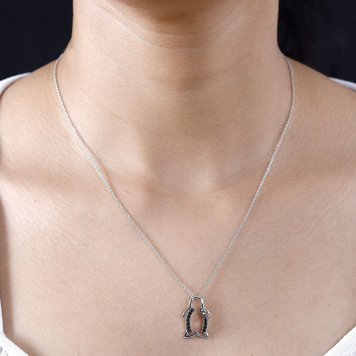 Black Spinel Penguin Pendant with Chain (Size 20) in Rhodium Overlay Sterling Silver 4290951 2