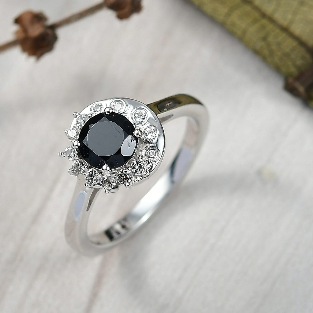D'Joy Natural Thai Black Spinel &amp; White Zircon Ring in Platinum Overlay Sterling Silver 1.30 Ct. 8271481 2