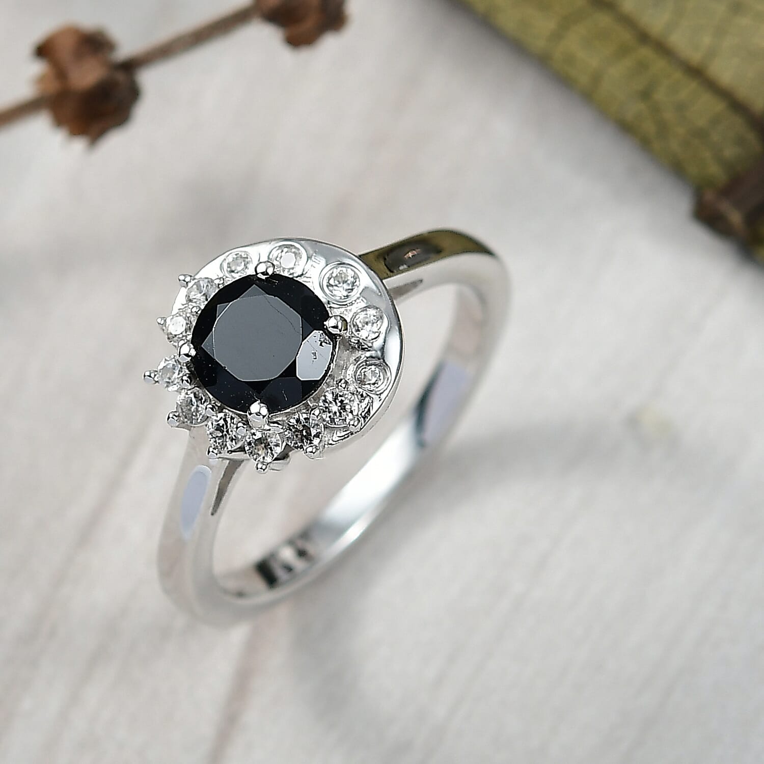 D'Joy Natural Thai Black Spinel &amp; White Zircon Ring in Platinum Overlay Sterling Silver 1.30 Ct. 8271481 2