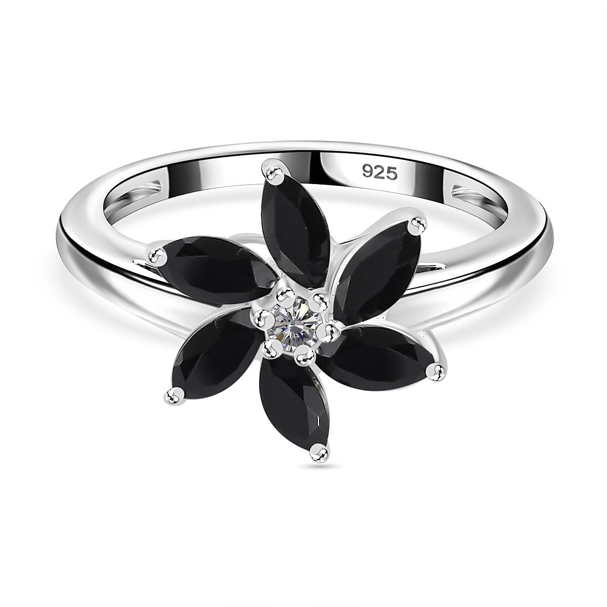 Black Spinel, White Zircon Floral Ring  Sterling Silver 7821582 0