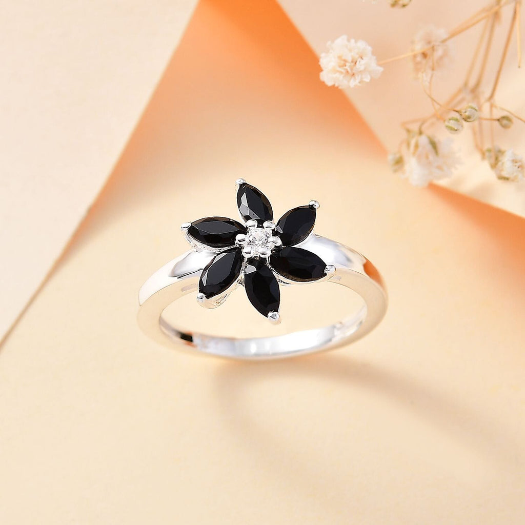 Black Spinel, White Zircon Floral Ring Sterling Silver 1.26 Ct.