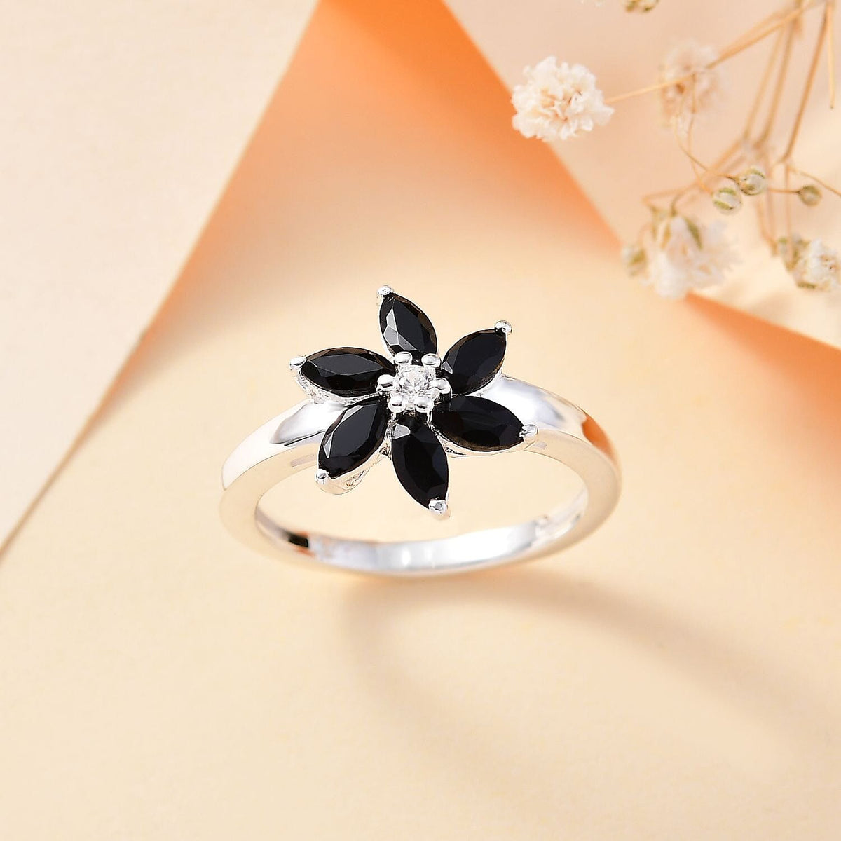 Black Spinel, White Zircon Floral Ring  Sterling Silver 7821582 1