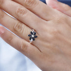 Black Spinel, White Zircon Floral Ring Sterling Silver 1.26 Ct.