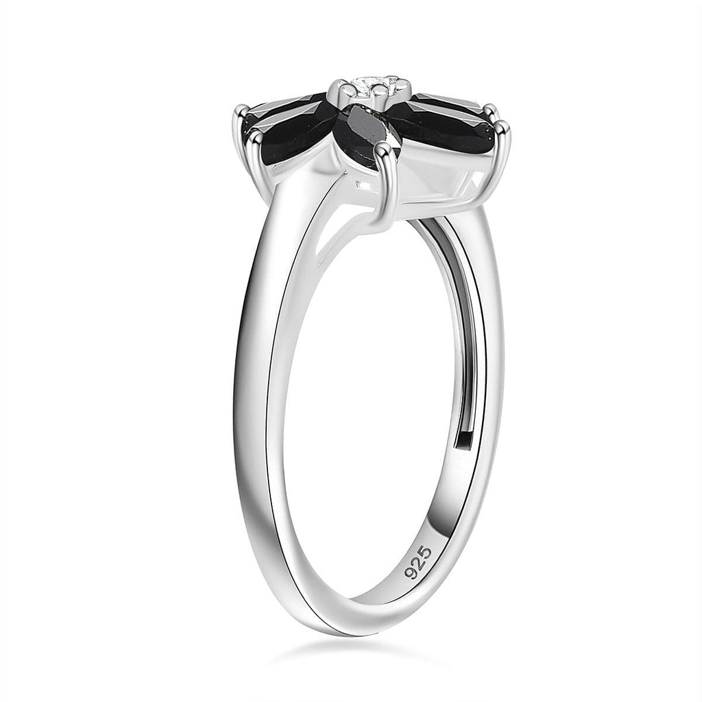 Black Spinel, White Zircon Floral Ring Sterling Silver 1.26 Ct.