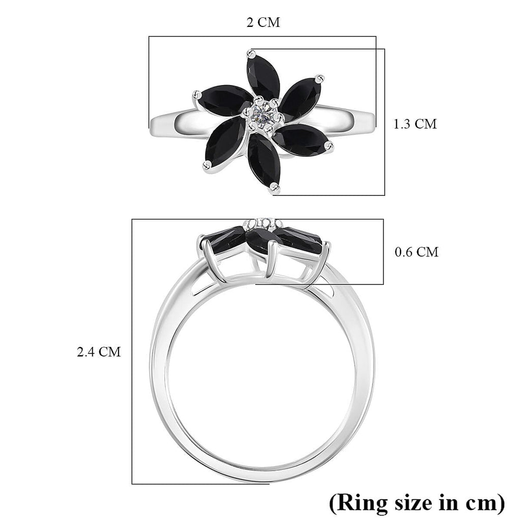 Black Spinel, White Zircon Floral Ring Sterling Silver 1.26 Ct.