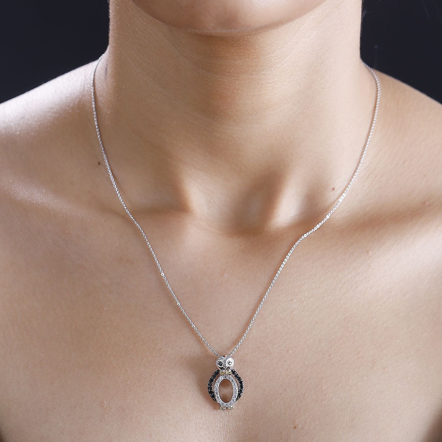 Black Spinel, White Zircon Penguin Pendant with Chain (Size 20) in Rhodium Overlay Sterling Silver 4290952 2