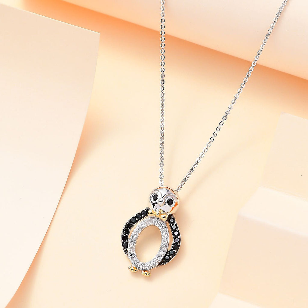 Black Spinel,  White Zircon Pendant with Chain (Size 20) in rhodium Sterling Silver 0.80 ct  Silver Wt. 5.8 Gms  0.880  Ct.