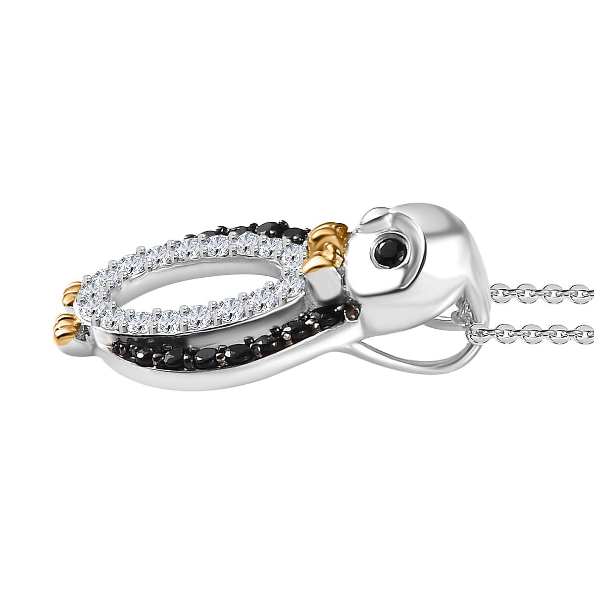 Black Spinel, White Zircon Penguin Pendant with Chain (Size 20) in Rhodium Overlay Sterling Silver 4290952 4