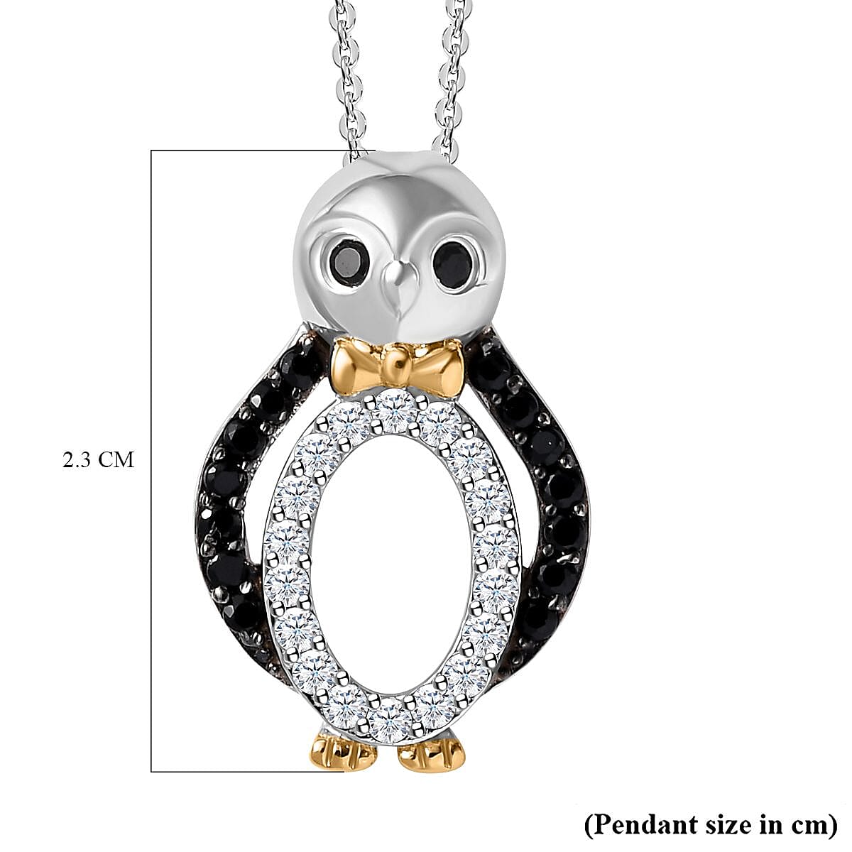 Black Spinel, White Zircon Penguin Pendant with Chain (Size 20) in Rhodium Overlay Sterling Silver 4290952 7