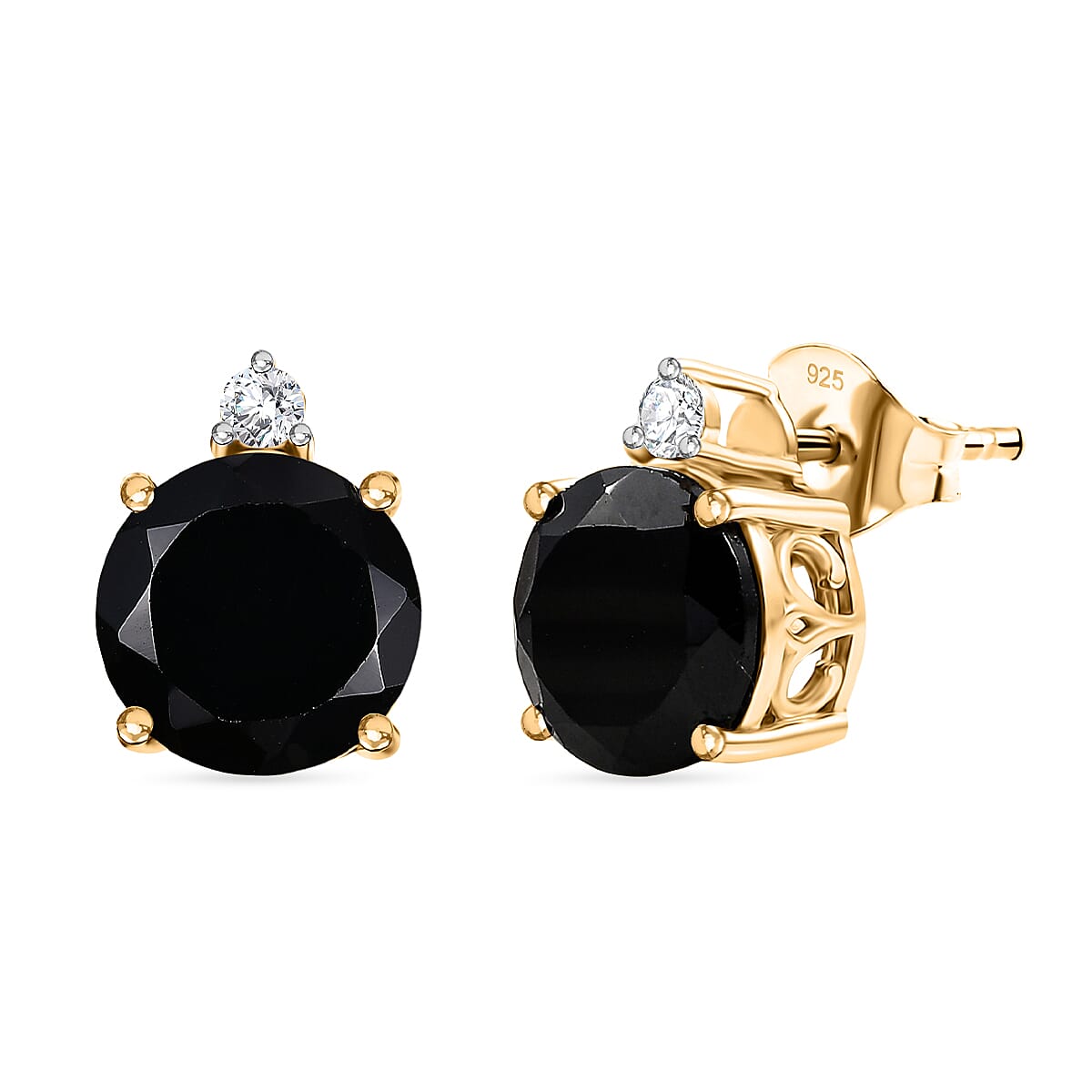 Natural Thai Black Spinel &amp; White Zircon Solitaire Stud Push Post Earring in 18K Yellow Gold Plated Sterling Silver 4.65 Ct. 8271256 0