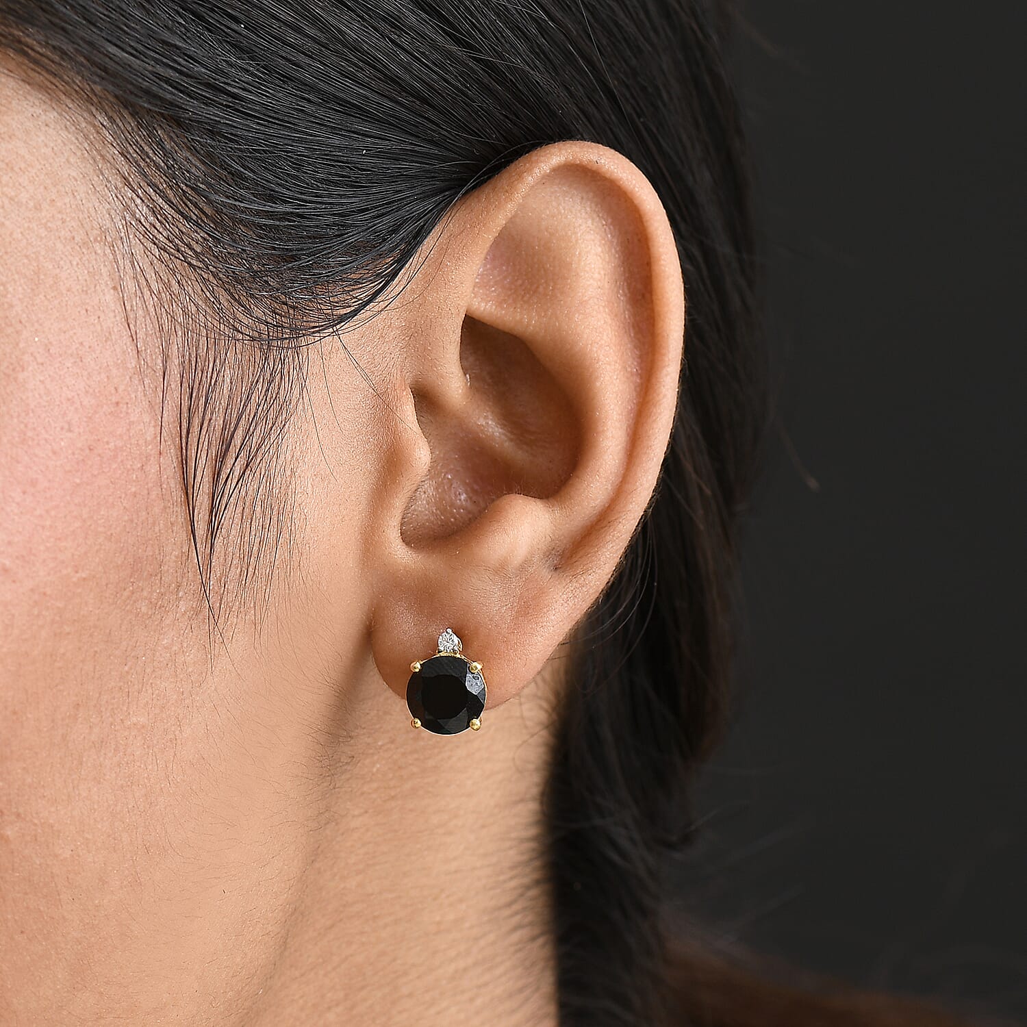 Natural Thai Black Spinel &amp; White Zircon Solitaire Stud Push Post Earring in 18K Yellow Gold Plated Sterling Silver 4.65 Ct. 8271256 3