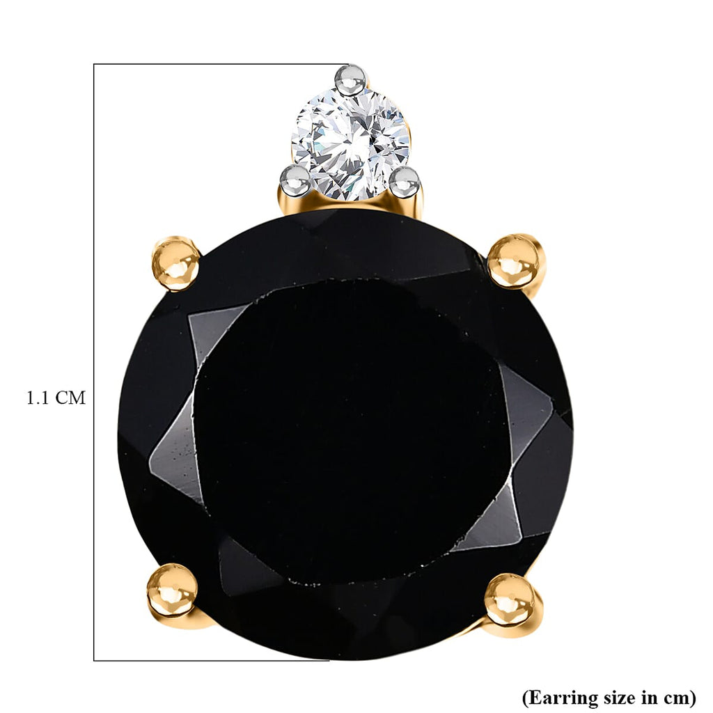 Natural Thai Black Spinel & White Zircon Solitaire Stud Push Post Earring in 18K Yellow Gold Plated Sterling Silver 4.65 Ct.