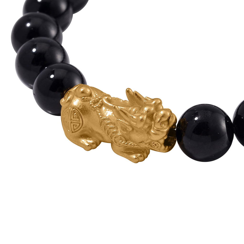 Black Tourmaline Beads Stretchable Bracelet (Size - 7.5) with Pixiu in Yellow Glold Overlay Sterling Silver 120.00 Ct