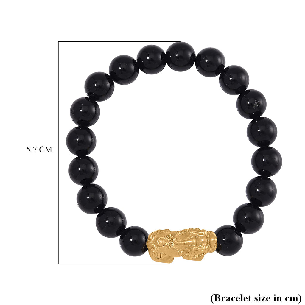 Black Tourmaline Beads Stretchable Bracelet (Size - 7.5) with Pixiu in Yellow Glold Overlay Sterling Silver 120.00 Ct