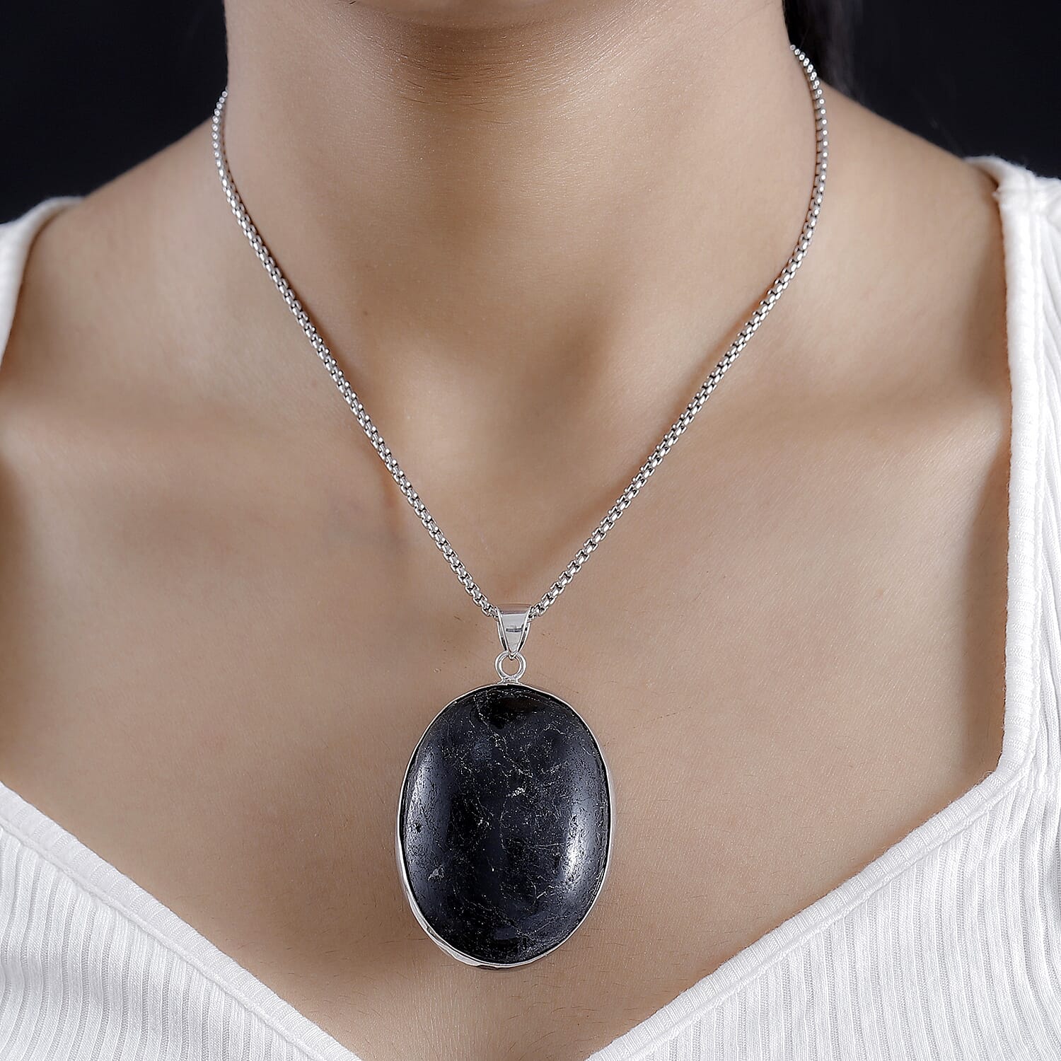 Black Tourmaline Solitaire Pendant with Chain (Size 20) in Stainless Steel  200 Ct. 4316162 2