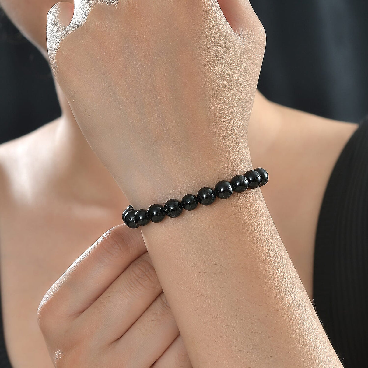 Black Tourmaline Stone Stretchable Bracelet (Size - 7.5) 85.0 Ct 7955968 2