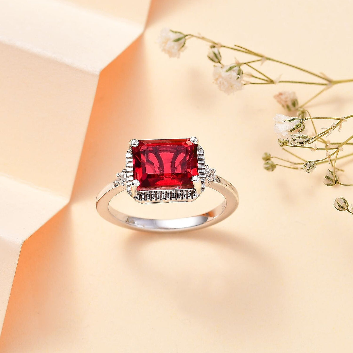 Blazing Red Quartz &amp; Natural Ring in Rhodium Overlay Sterling Silver 2.72 Ct 7807321 2