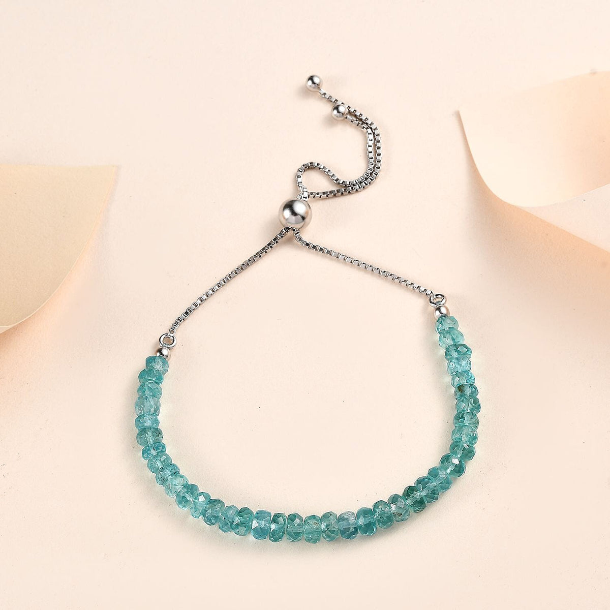 Blue Apatite Adjustable Beads Bracelet (Size - 9.5) in Rhodium Overlay Sterling Silver 28.00 Ct. 7687632 1