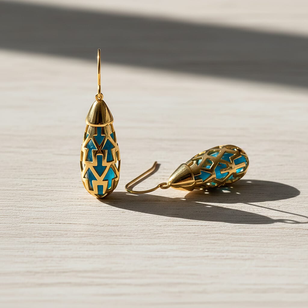 Blue Apatite Earring with Hook in Yellow Gold Plating Sterling Silver 11.00 Ct, Silver Wt. 6.00 Gms. 8180027 1