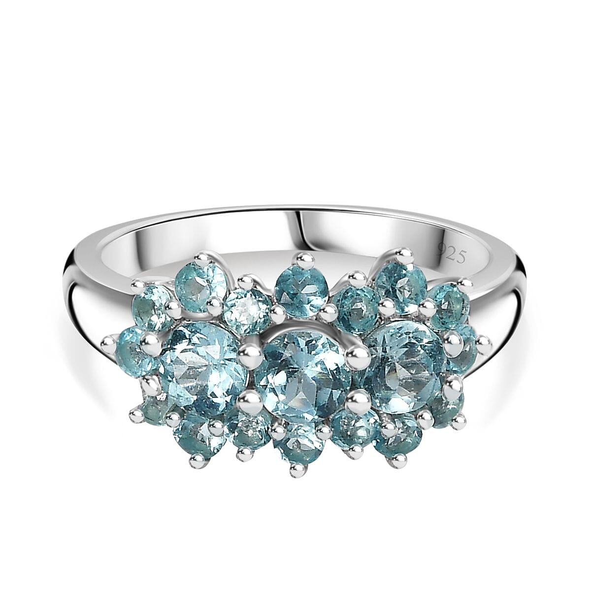Blue Apatite Cluster Ring in Rhodium Overlay Sterling Silver, 1.611  Ct. 7796795 0
