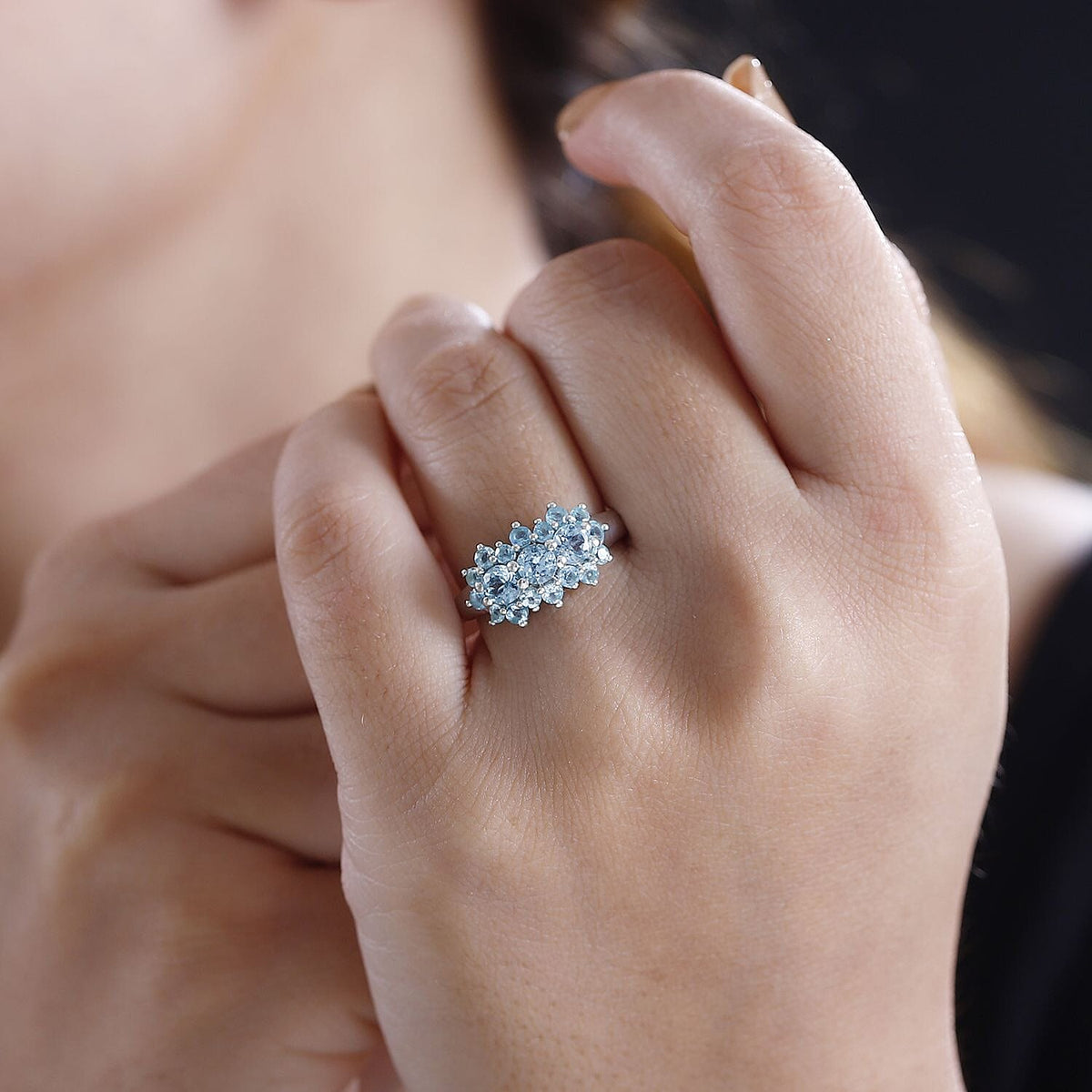 Blue Apatite Cluster Ring in Rhodium Overlay Sterling Silver, 1.611  Ct. 7796795 3