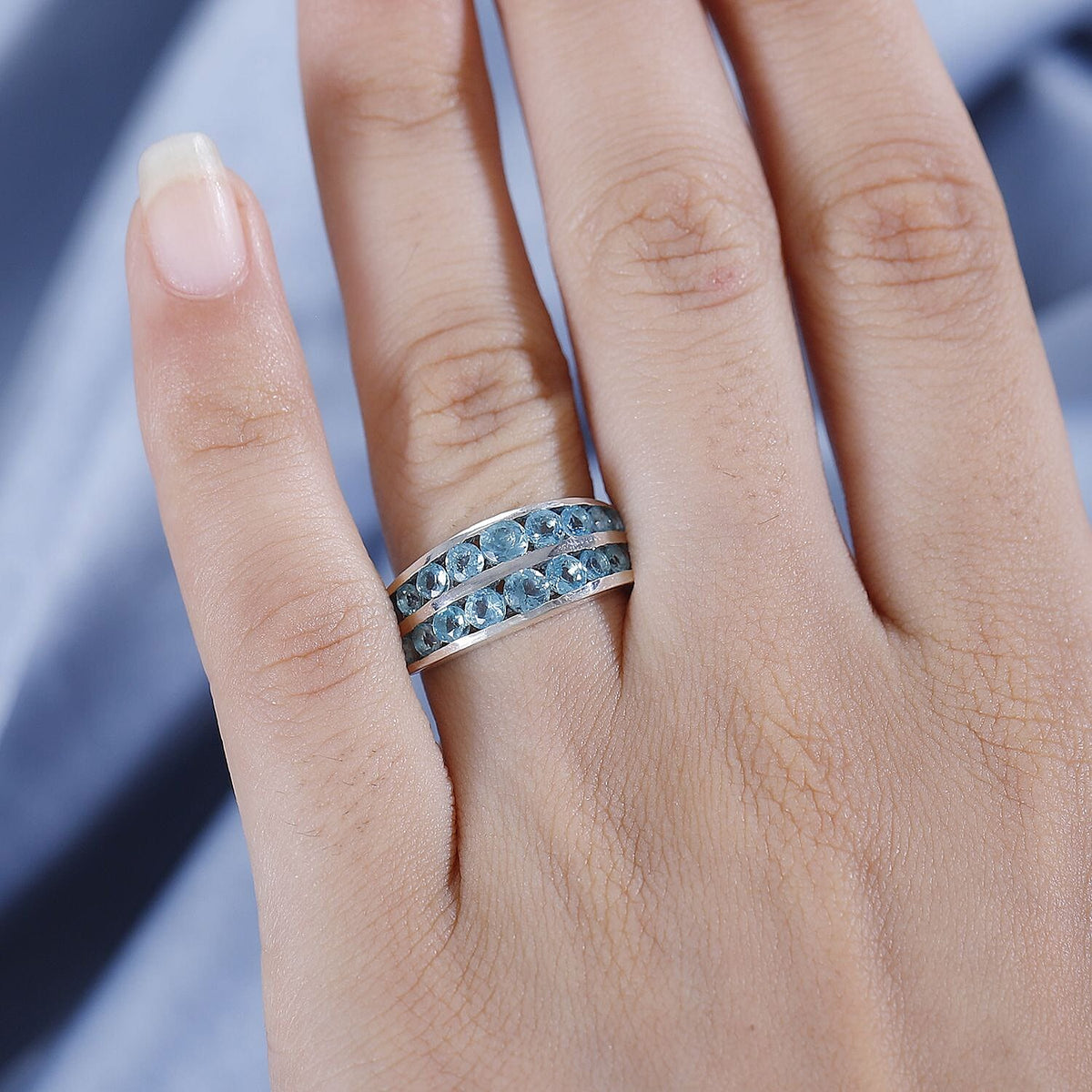 Blue Apatite Half-Eternity Ring in Rhodium Overlay Sterling Silver, 1.916  Ct. 7796813 3