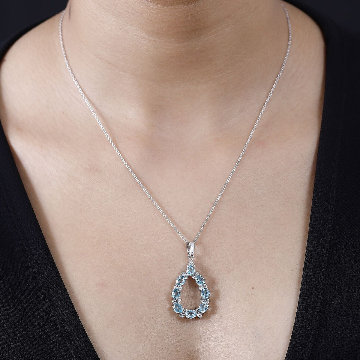 Blue Lagoon Apatite Drop Pendant with Chain (Size 20) in Rhodium Overlay Sterling Silver 4286111 2