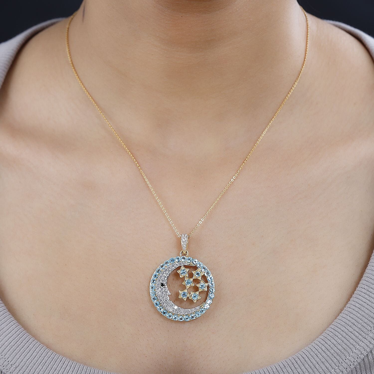 GP Celestial Collection  - Blue Apatite and Multi Gemstone Pendant with Chain (Size 20) in 18K Vermeil Yellow Gold Plated Sterling Silver 5.40 Ct, Silver Wt. 6.50 Gms 4248632 2