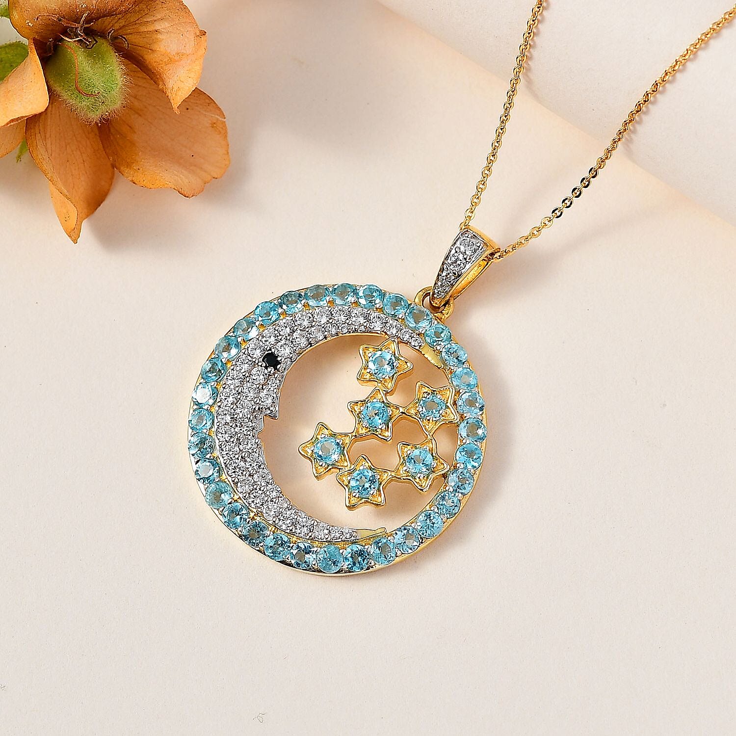 GP Celestial Collection  - Blue Apatite and Multi Gemstone Pendant with Chain (Size 20) in 18K Vermeil Yellow Gold Plated Sterling Silver 5.40 Ct, Silver Wt. 6.50 Gms 4248632 3