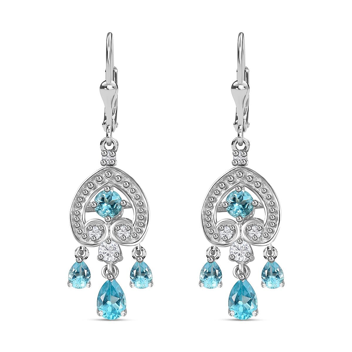 Blue Lagoon Apatite, White Zircon Dangling Earrings in Rhodium Overlay Sterling Silver  2.768  Ct. 7813527 0