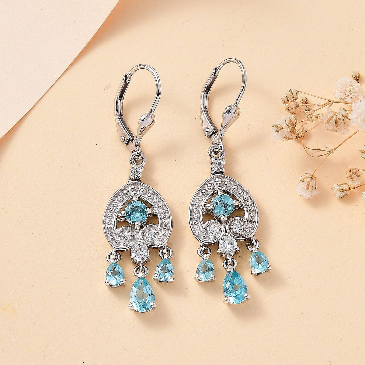 Blue Lagoon Apatite, White Zircon Dangling Earrings in Rhodium Overlay Sterling Silver  2.768  Ct. 7813527 2