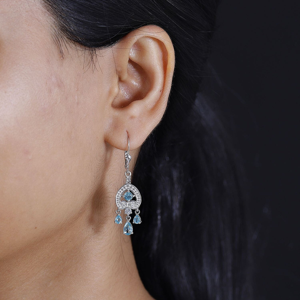 Blue Lagoon Apatite, White Zircon Dangling Earrings in Rhodium Overlay Sterling Silver  2.768  Ct. 7813527 3