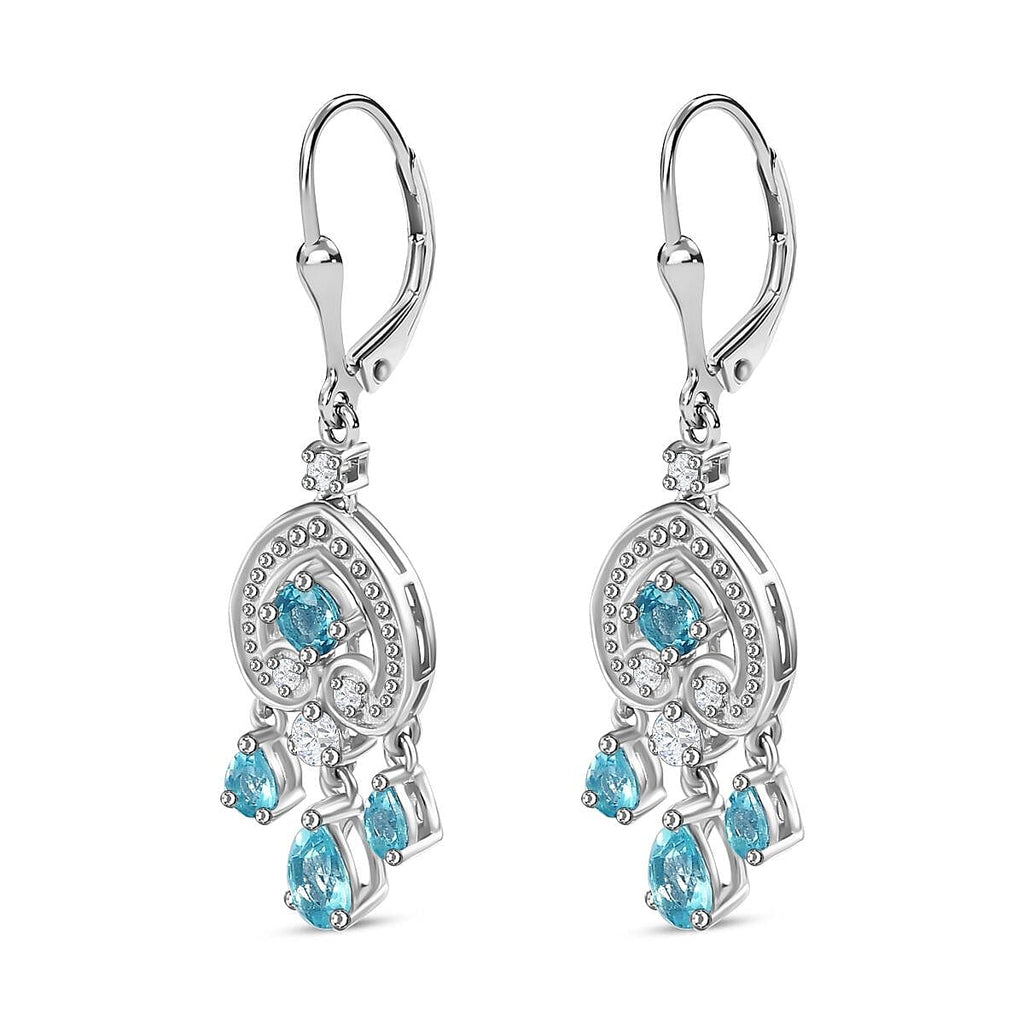 Blue Lagoon Apatite ,  White Zircon  Dangling Earring in rhodium Sterling Silver  2.768  Ct.
