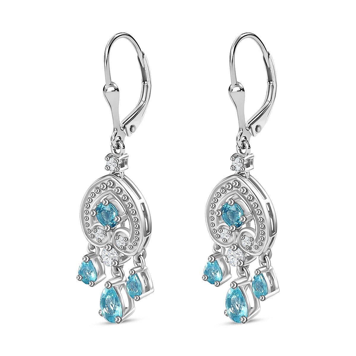 Blue Lagoon Apatite, White Zircon Dangling Earrings in Rhodium Overlay Sterling Silver  2.768  Ct. 7813527 4