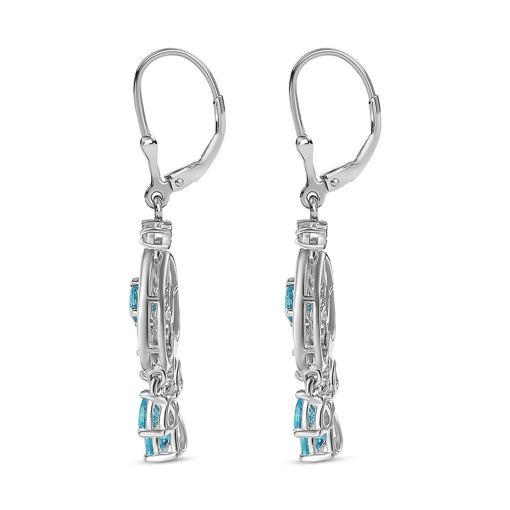 Blue Lagoon Apatite ,  White Zircon  Dangling Earring in rhodium Sterling Silver  2.768  Ct.