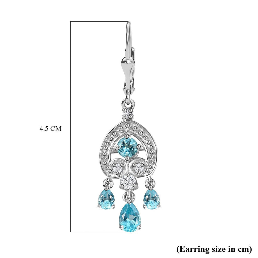 Blue Lagoon Apatite ,  White Zircon  Dangling Earring in rhodium Sterling Silver  2.768  Ct.