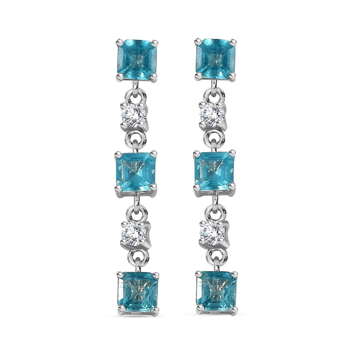Blue Lagoon Apatite and  White Zircon Dangling Earrings in Rhodium Overlay Sterling Silver 7814402 0