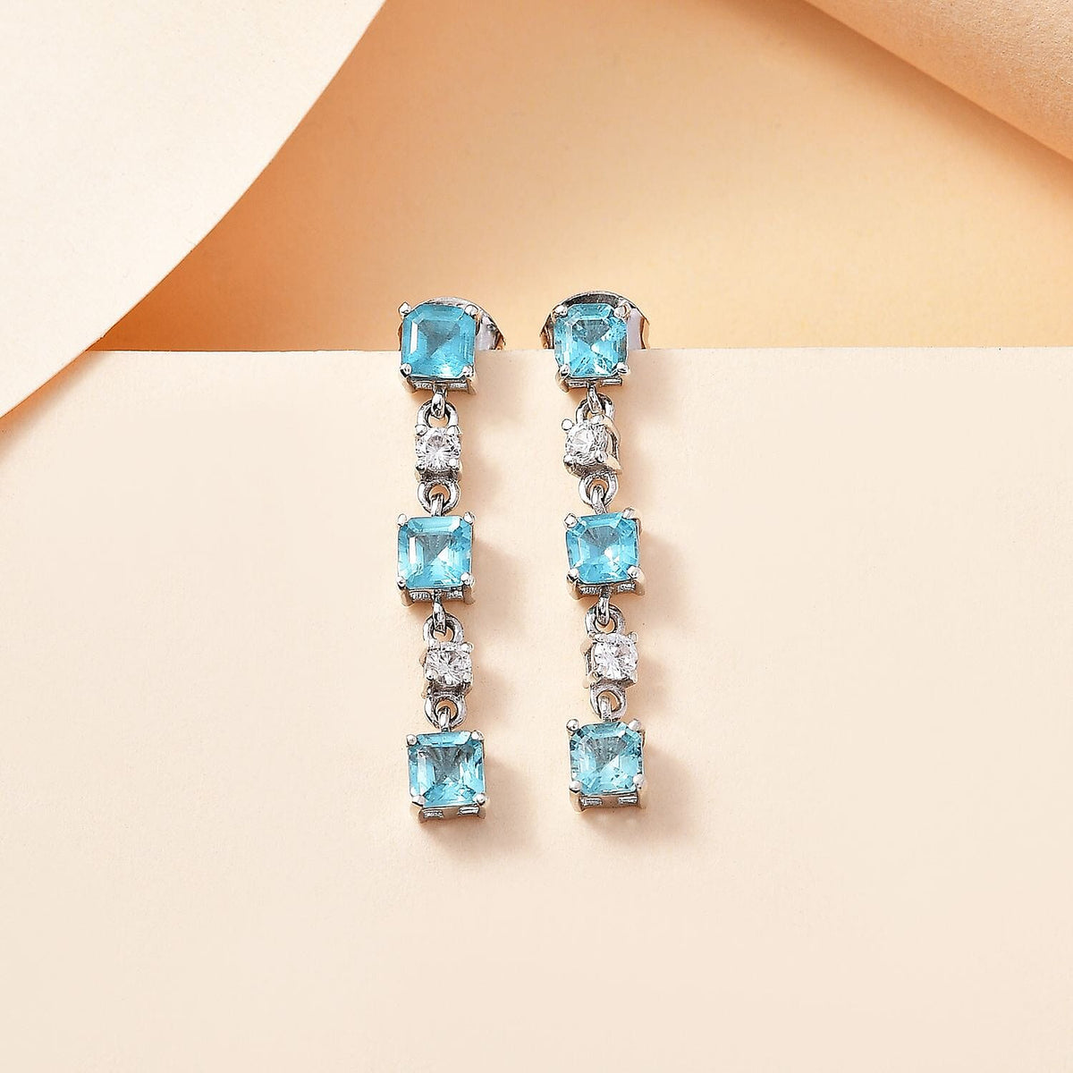 Blue Lagoon Apatite and  White Zircon Dangling Earrings in Rhodium Overlay Sterling Silver 7814402 2