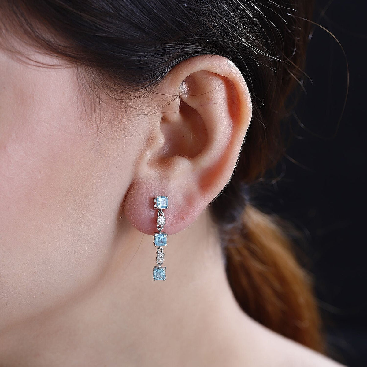 Blue Lagoon Apatite and  White Zircon Dangling Earrings in Rhodium Overlay Sterling Silver 7814402 3
