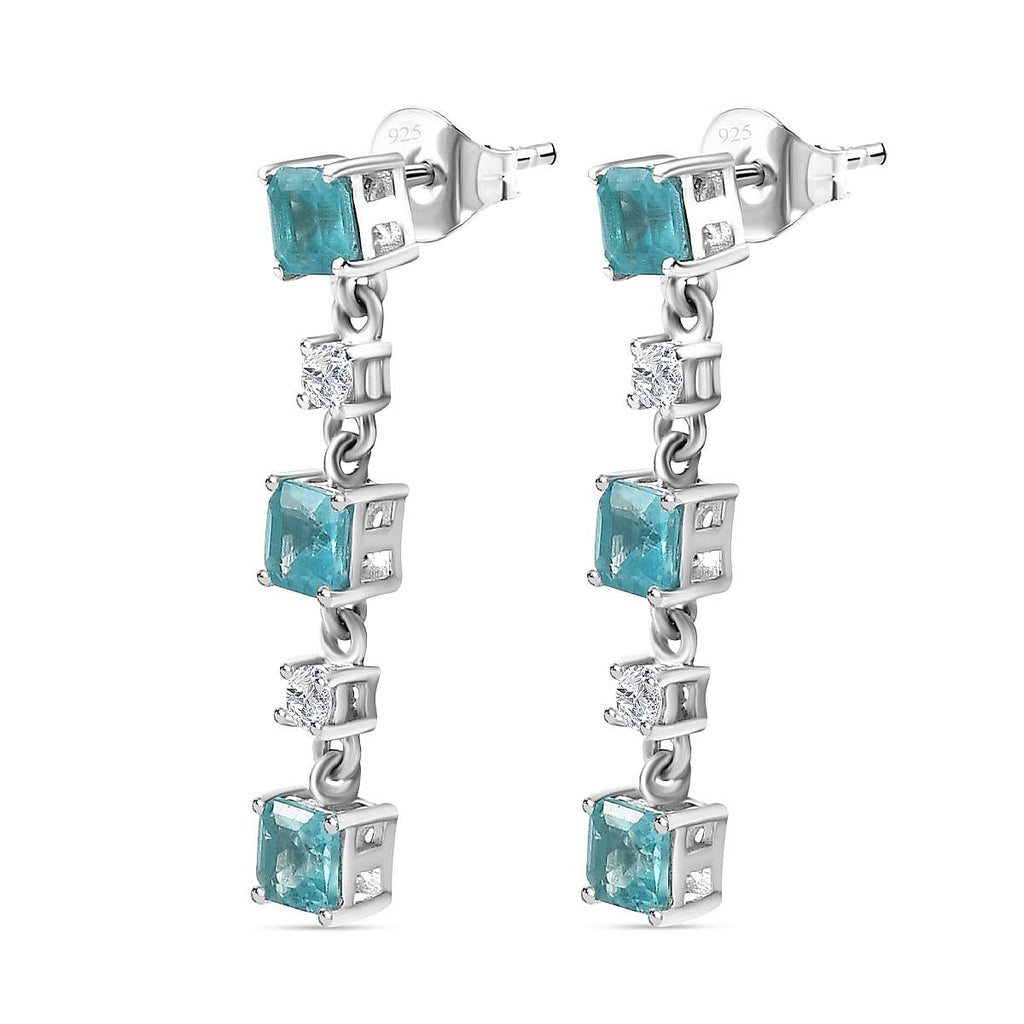 Blue Lagoon Apatite &  White Zircon Dangling Earring in Rhodium Overlay Sterling Silver 2.50 ct